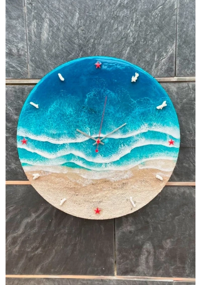 Handmade tropical beach wall clock with epoxy resin waves and sand mod4