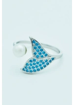 Silver Whale Tail Ring with Blue Zirconia and Pearl