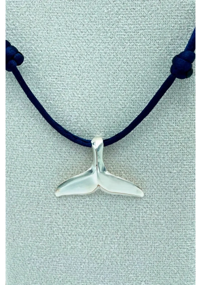 Silver Whale Tail Pendant with navy blue cord