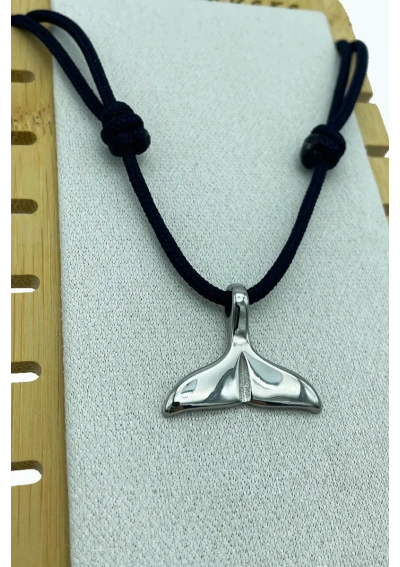 Stainless Steel Whale Tail Pendant with navy blue cord