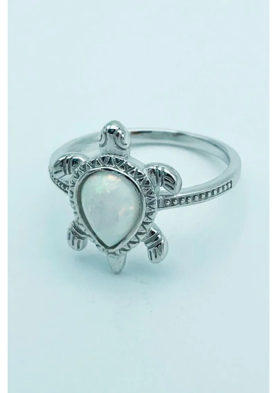Silver Turtle Ring with White Opal