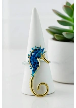 Navy blue Handcrafted Bronze Seahorse Ring by Tina Kotsoni 4