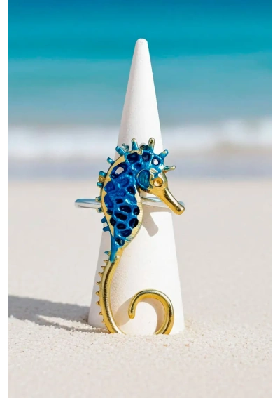 Navy blue Handcrafted Bronze Seahorse Ring by Tina Kotsoni 3