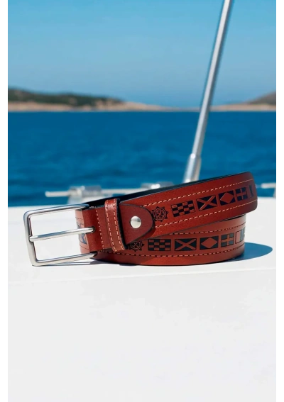 Leather Belt with Engraved Nautical Flags brown 6548-07 3