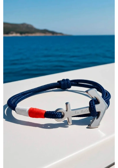 Anchor bracelet with navy blue rope & white & red flag 3