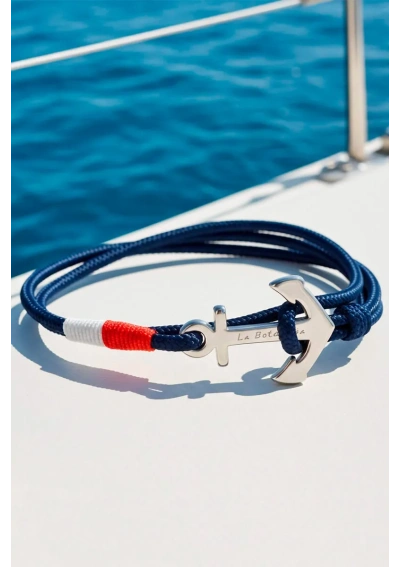 Anchor bracelet with navy blue rope & white & red flag 2