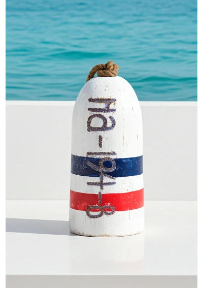 Tricolor Wood Buoy by Batela D2911 on the sea