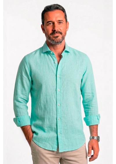 Light aqua 43 La Botavara Linen and Cotton Shirt made in Spain front