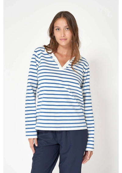 Batela Long Sleeve Striped V-Neck Polo T-Shirt A1887 CU/HD