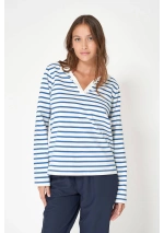 Batela Long Sleeve Striped V-Neck Polo T-Shirt A1887 CU/HD
