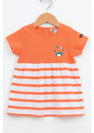Batela Baby Striped Crab Dress B2569 white & fresh salmon orange