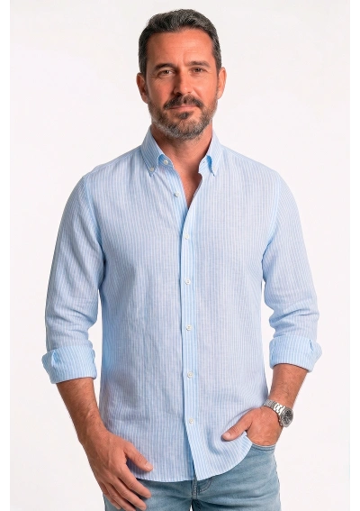 La Botavara Men's Seersucker Linen-Cotton Shirt 16636 sky blue & white