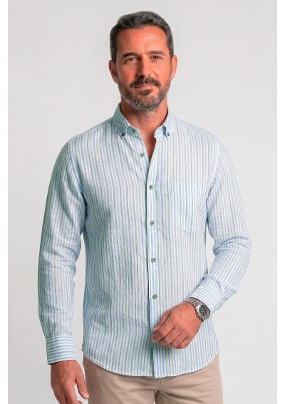 Camisa Rayas Verdes y Celeste La Botavara lino y algodon hecha en España
