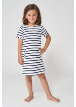 Batela Girls' Striped Cotton Nautical Dress N2277 white & navy blue