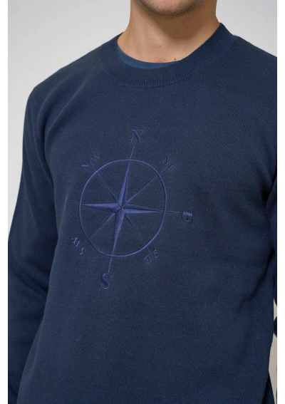 Batela Men's Compass Rose Cotton Knit Sweater A2853 navy blue embroidery