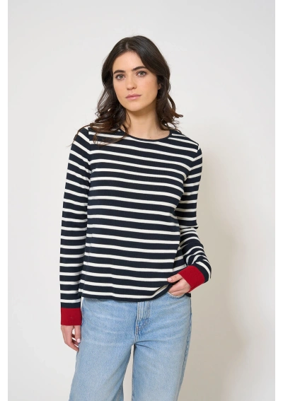 Batela Striped Sweater with Red Cuffs A2611 navy blue & ecru