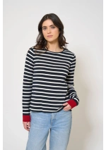 Batela Striped Sweater with Red Cuffs A2611 navy blue & ecru