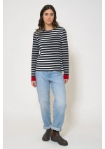 Batela Striped Sweater with Red Cuffs A2611 navy blue & ecru front