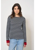 Batela Striped Sweater with Red Cuffs A2611 navy blue & ecru front 2