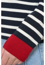 Batela Striped Sweater with Red Cuffs A2611 navy blue & ecru cuff
