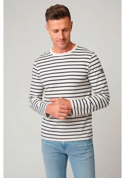 Batela Striped Long-Sleeve T-Shirt A2610 ecru white & navy blue front